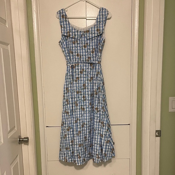 Chic Blue Checkered Floral Midi Dress - Picture 1 of 5